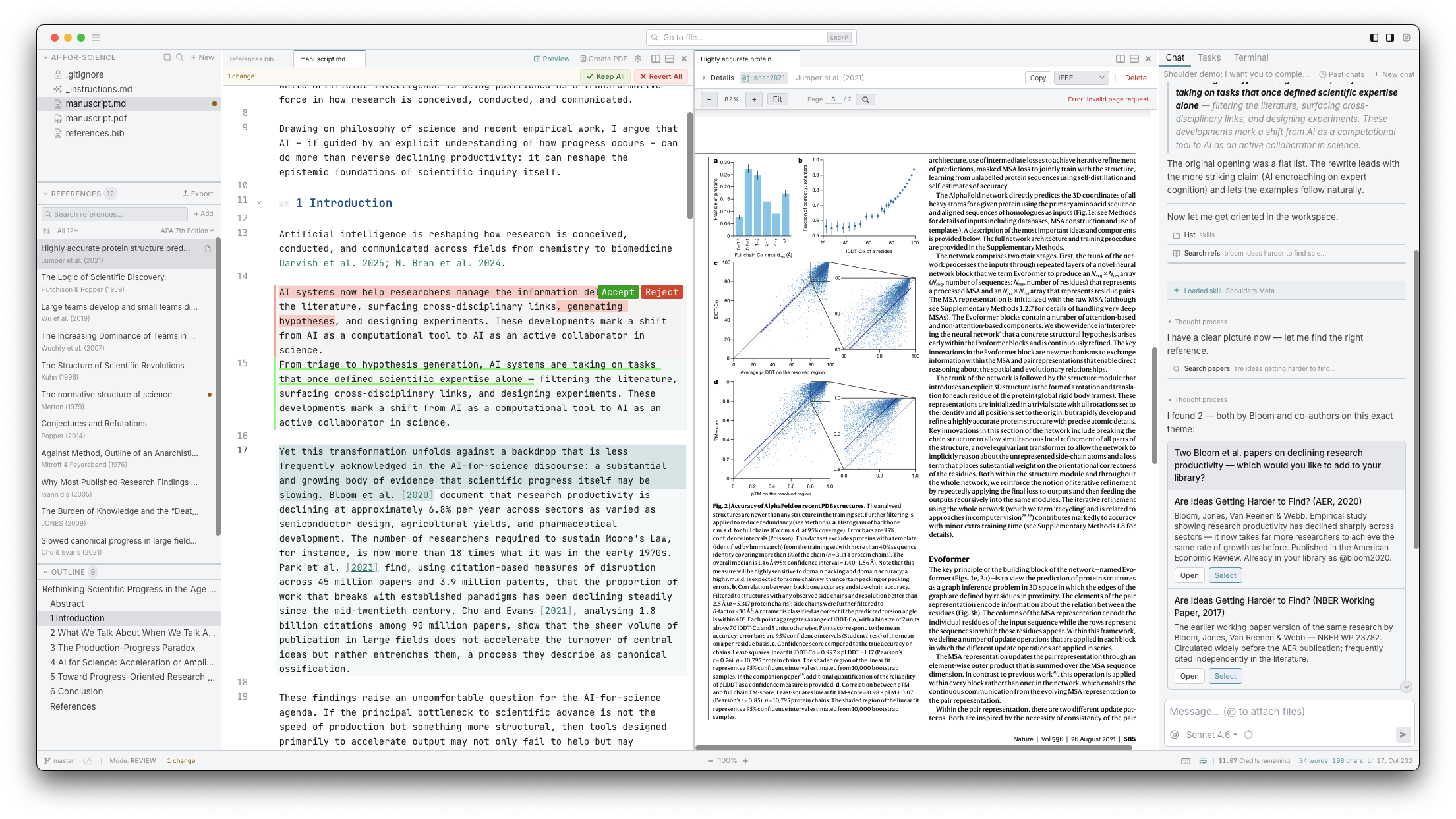 Shoulders workspace — paper draft, references sidebar, AI chat